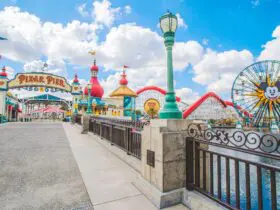 View of Pixar Pier at Disney California Adventure Park in Anaheim, California