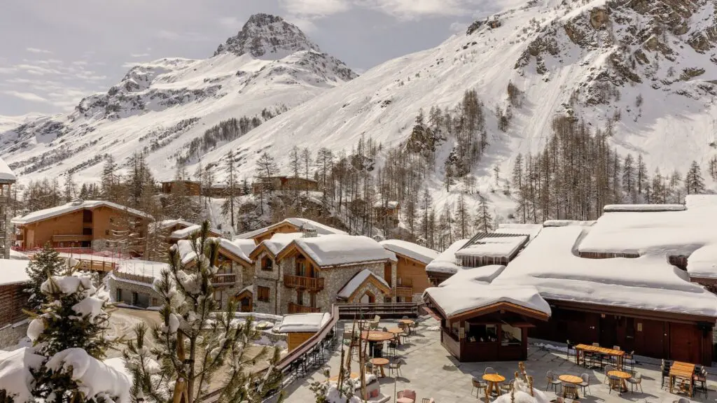 aerial view of snowy Club Med Val d'Isère
