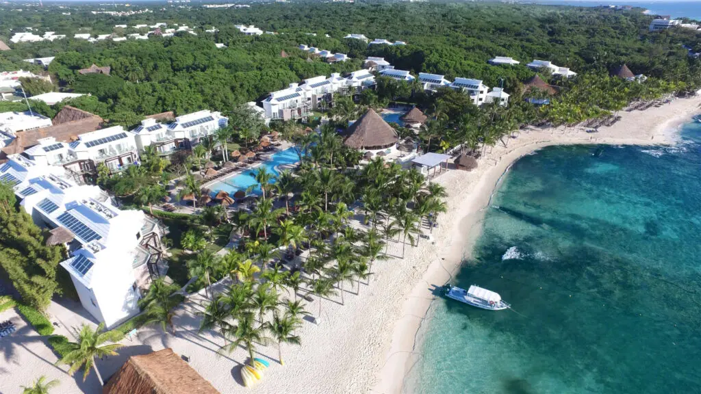 An aerial view of Sandos Caracol Eco Resort and the beach