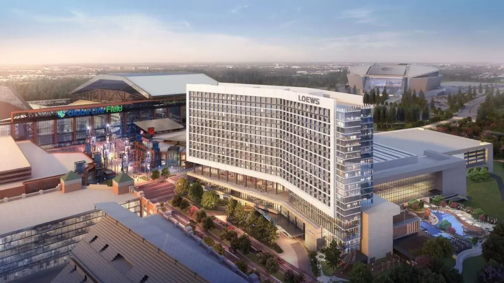 Artist's rendering of the new Loews Arlington Hotel situated between Globe Life Field and AT&T Stadium (Credit: Loews Hotels)