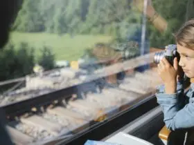 Young child looking out window of a scenic train in Europe