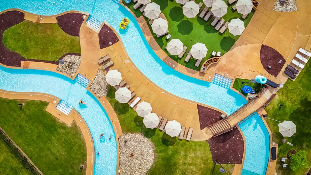 An aerial view of the lazy river at Kingsmill Resort