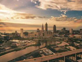 view out over Cleveland downtown at dusk