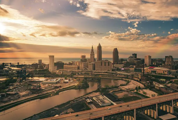 view out over Cleveland downtown at dusk