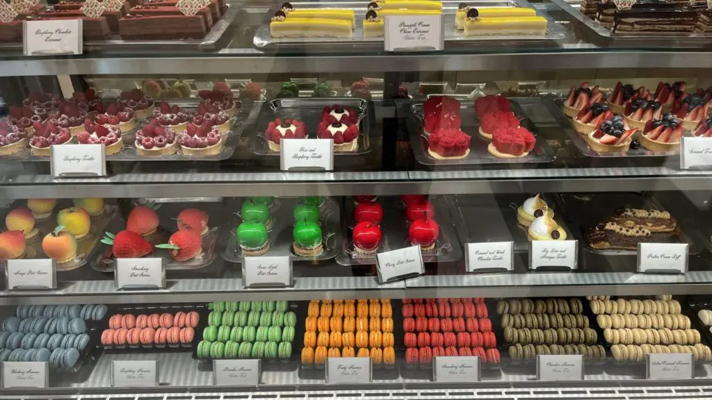 Emma’s Patisserie display case with French style desserts
