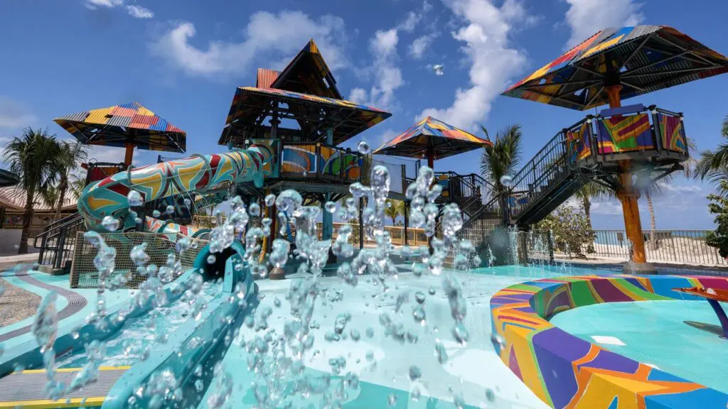 Rush Out, Gush Out Water Play, a water play area for all ages designed to resemble a Bahamian Junkanoo shack at Disney Lookout Cay at Lighthouse Point on the island of Eleuthera in The Bahamas