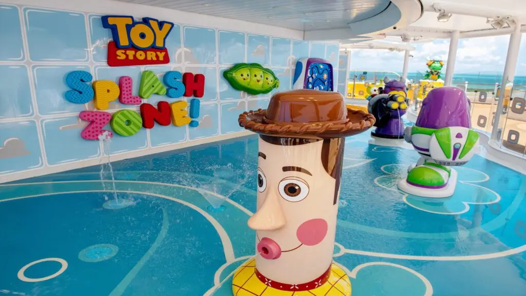 The Toy Story Splash zone water play area onboard Disney Wish