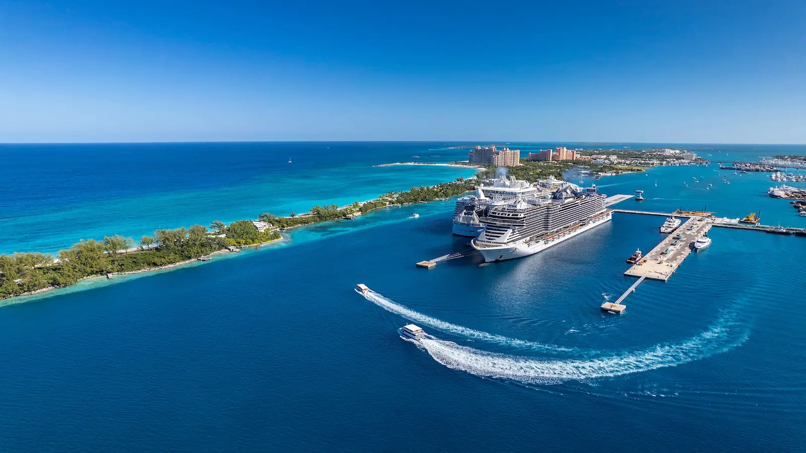 View of cruise ship as it comes into a Caribbean port