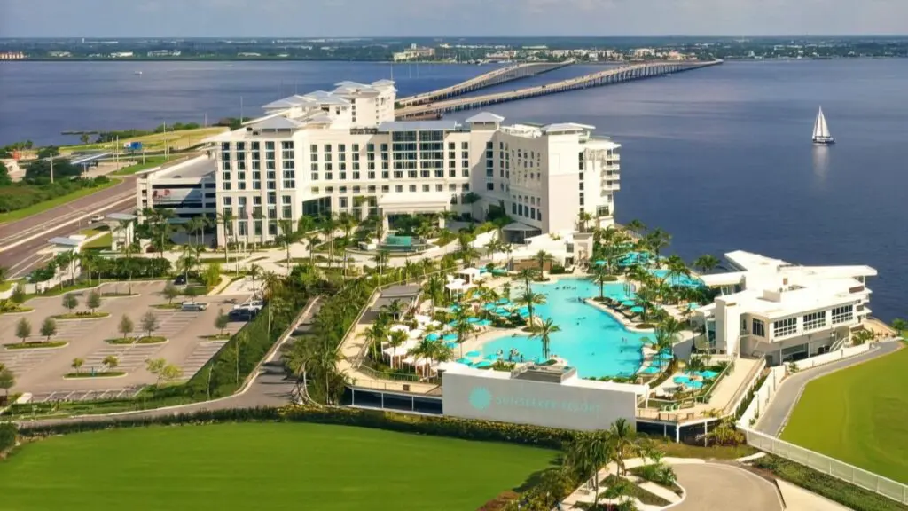 An aerial view of Sunseeker Resort by Charlotte Harbor in Florida