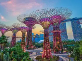 Futuristic buildings and colorful structures in a tree-lined park at sunset