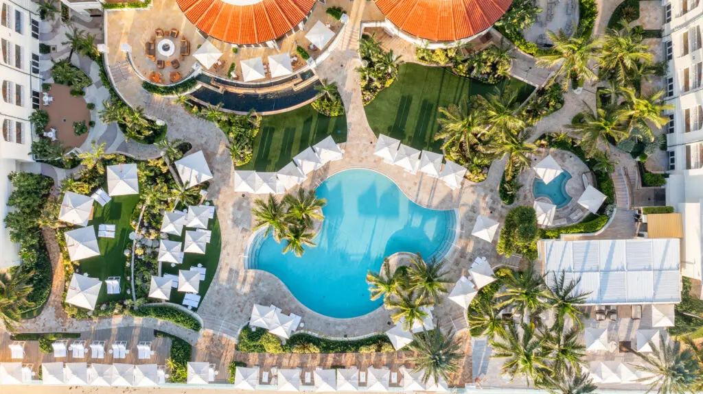 An overhead view of the family pool area at Eau Resort & Spa