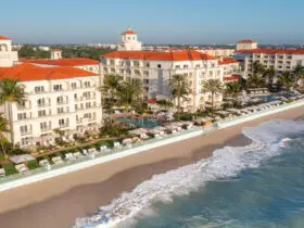 An aerial view of Eau Resort & Spa and its beach area