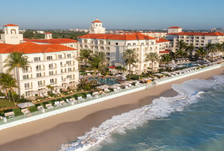 An aerial view of Eau Resort & Spa and its beach area