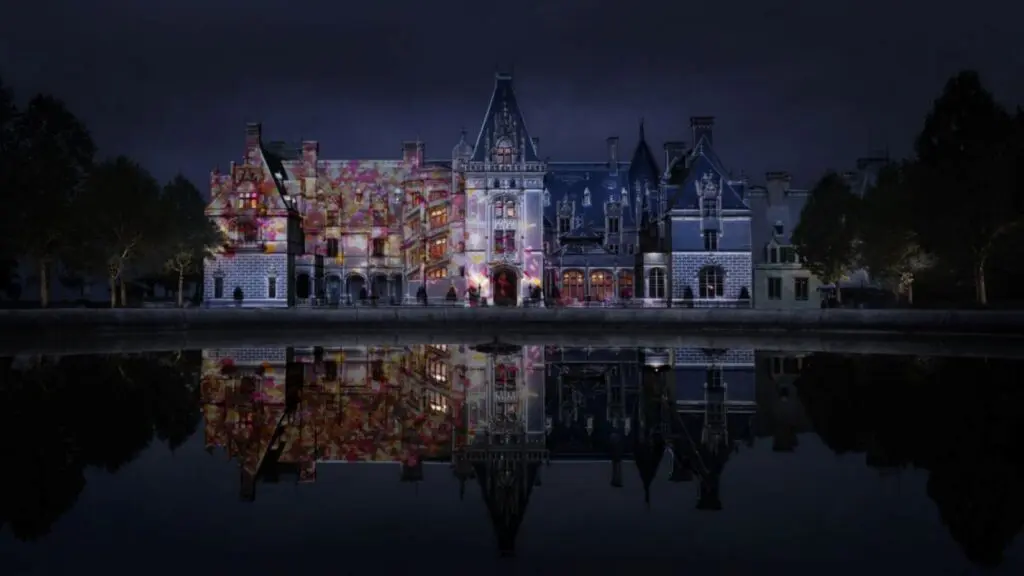 An image from the Lumiere nighttime display at the Biltmore Estate