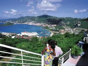 Couple standing on hill overlooking a bay with cruise ship and mountains in the background