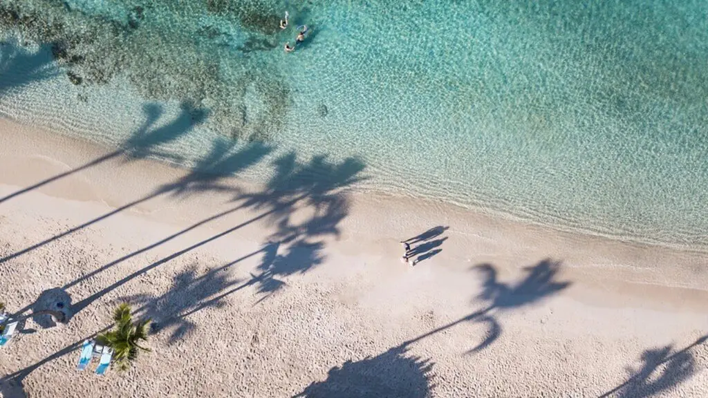 White-sand beach hugging crystal-clear water