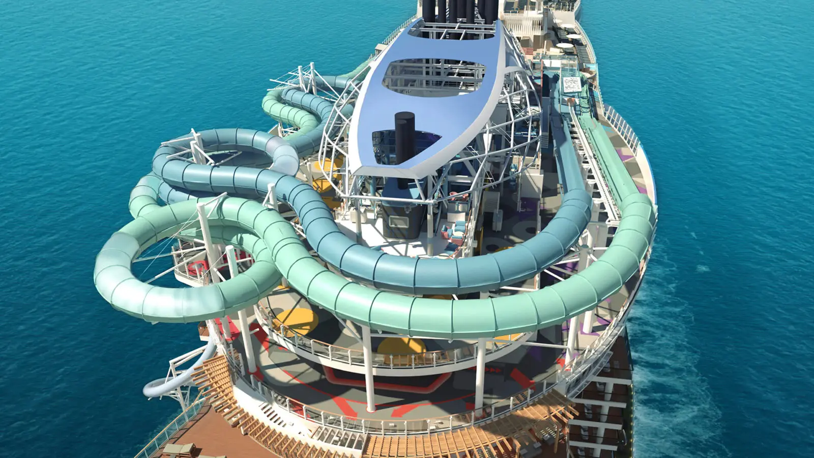 Top deck of cruise ship with two tube slides winding around