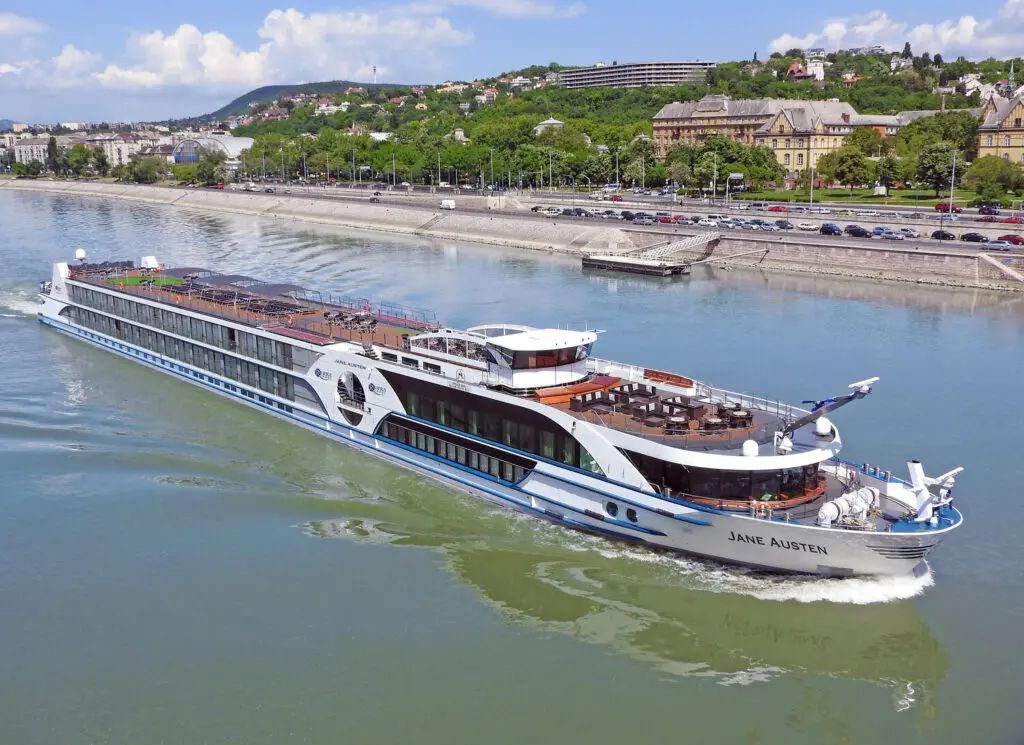 river cruise ship sailing through Europe