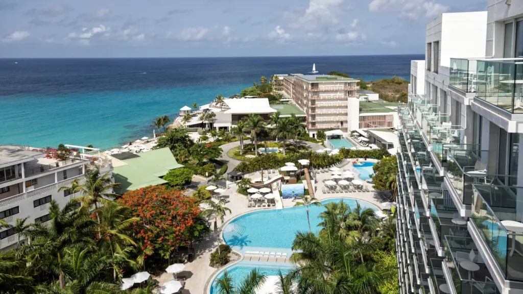 An aerial view of Sonesta Maho Beach Resort