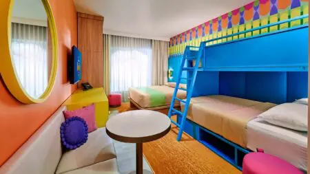A rendering of a brightly colored guest room at Universal Kids Resort Hotel