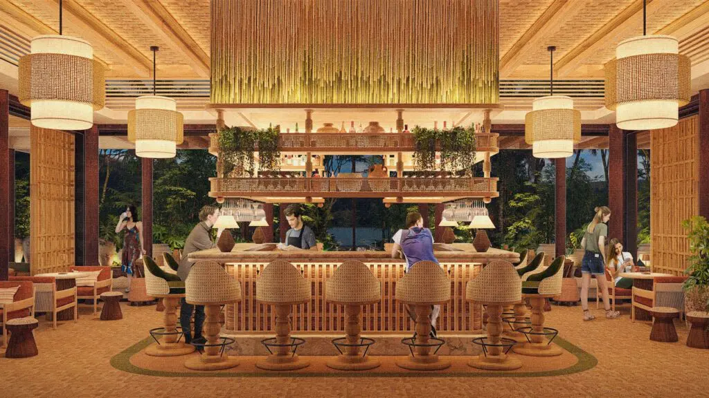 A rendering of a tropical-style bar at Alila Mayakoba