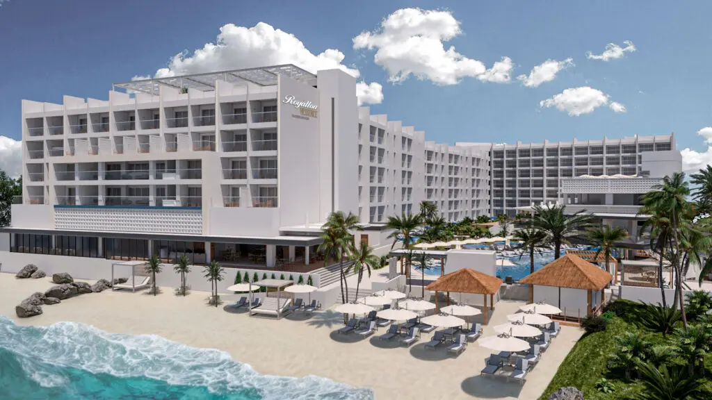 A rendering of the beach and exterior of Royalton Vessence Barbados