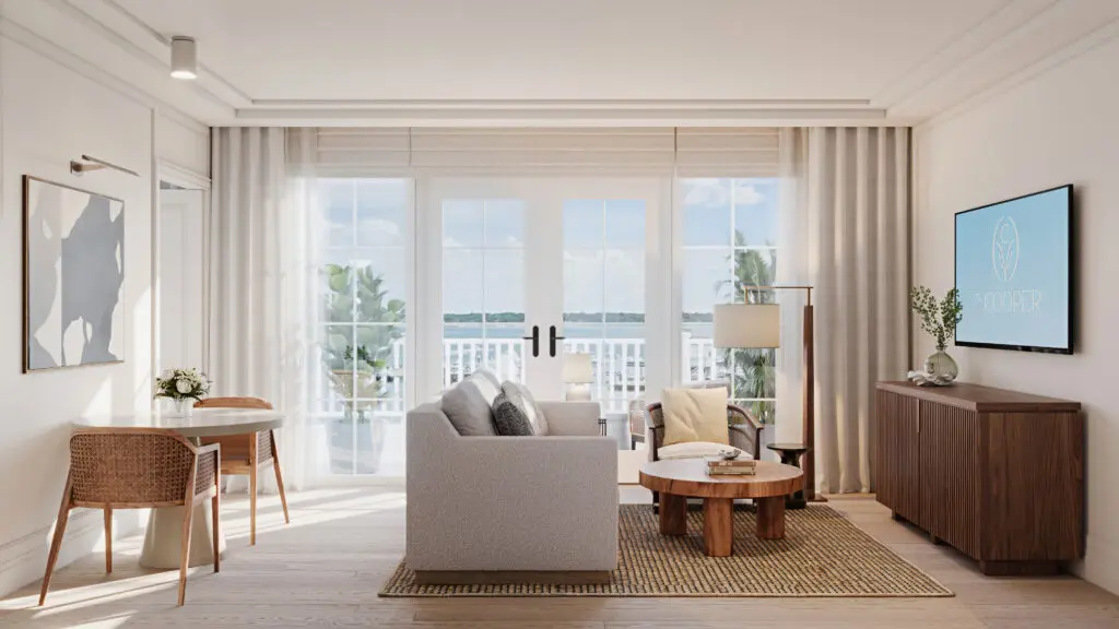 A light and bright guest suite at The Cooper in Charleston