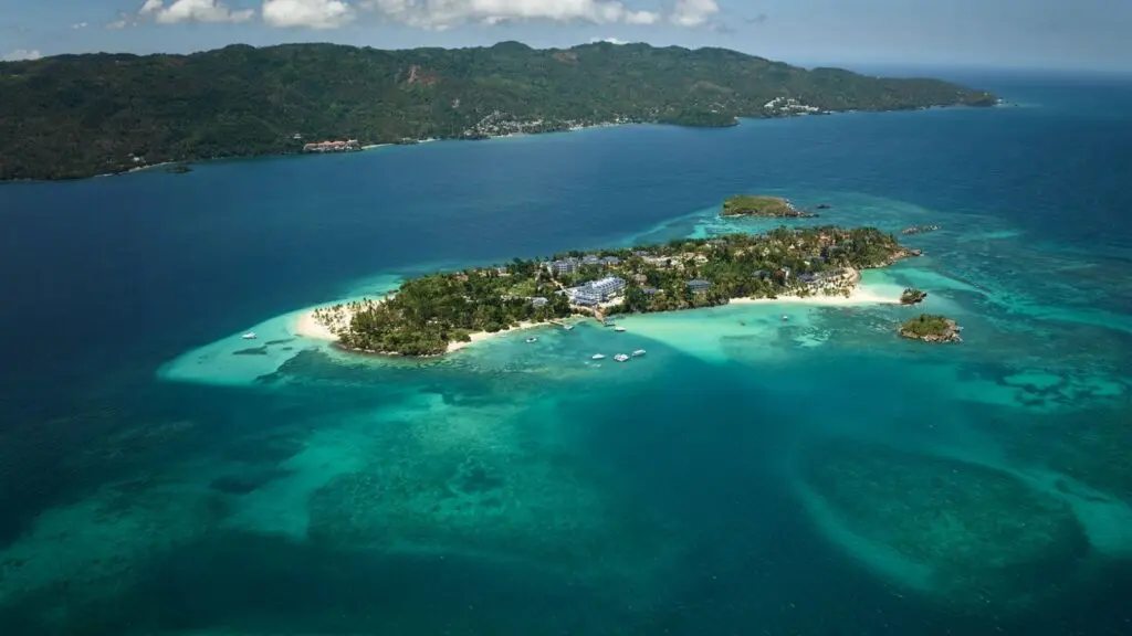 An aerial view of the private island where Cayo Levantado Resort is located in the Dominican Republic