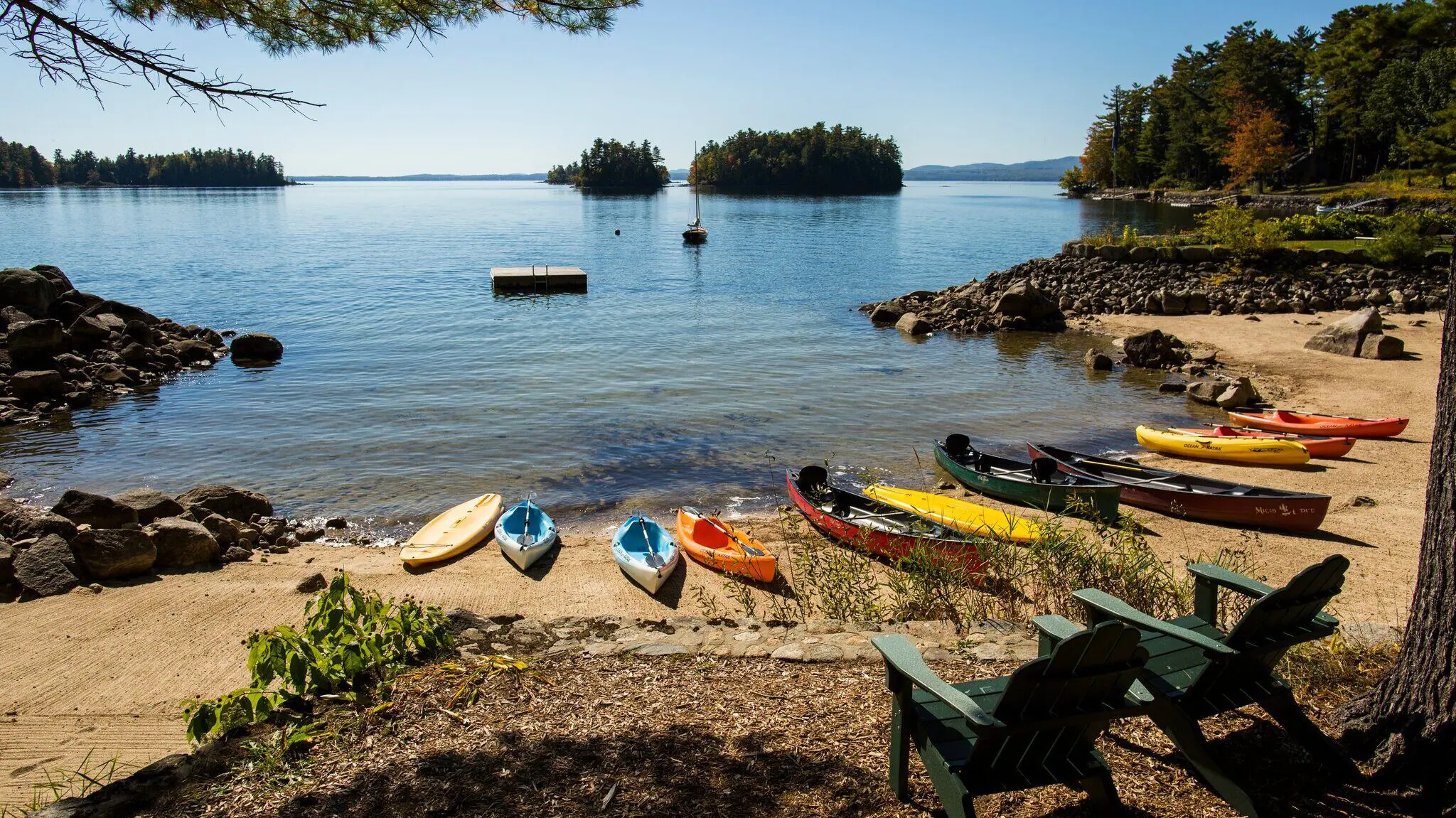 kayaks on the beach at Migis Lodge in South Casco, Maine