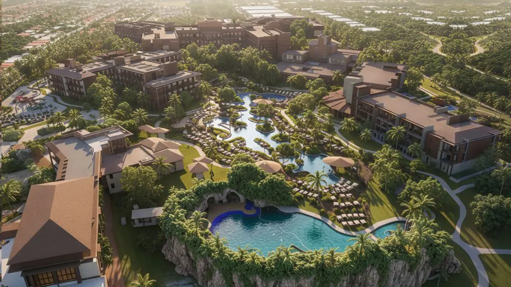 An aerial rendering of Lopesan Caoba Lagoon Resort, Spa & Casino with some of its water-focused elements