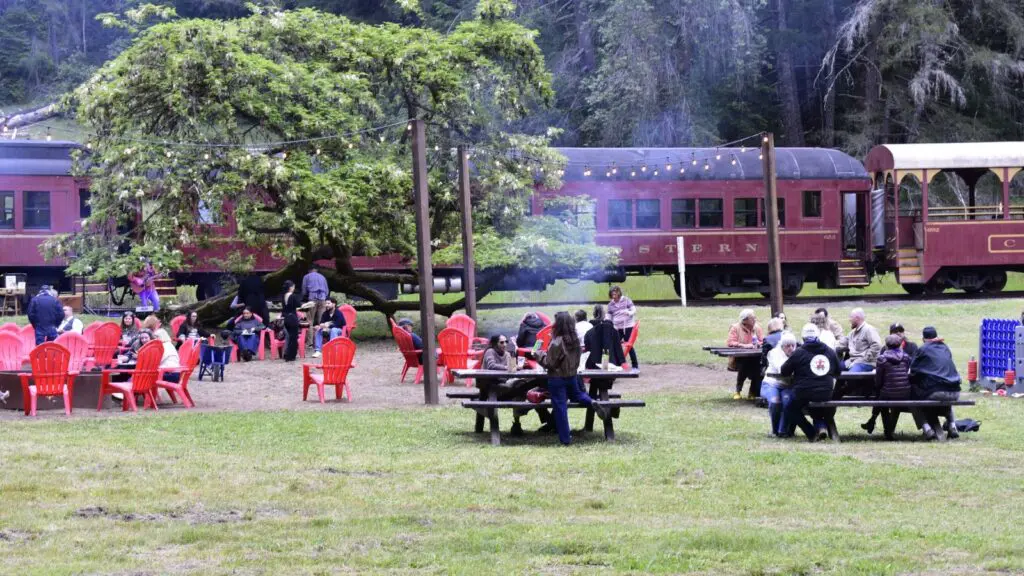 Skunk Train picnic spot with picnic tables and lawn games