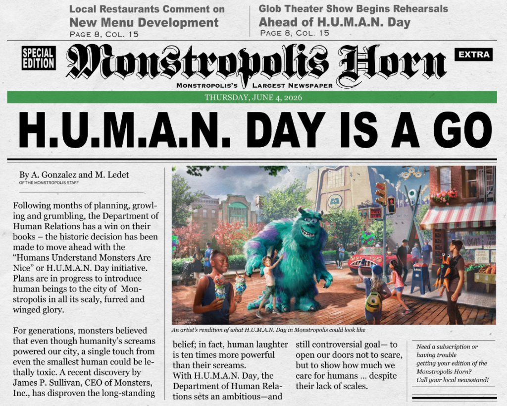 Front page of the Monstropolis Horn newspaper created for the Monsters Inc. land coming to Walt Disney World