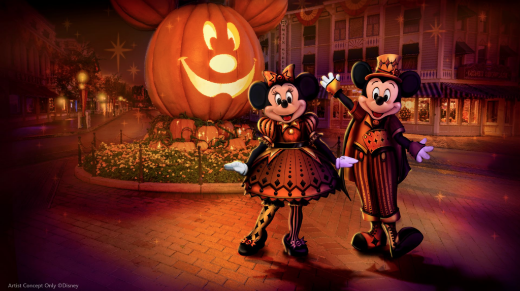 Mickey Mouse and Minnie Mouse dressed in their 2026 Halloween costumes at Disneyland Resort