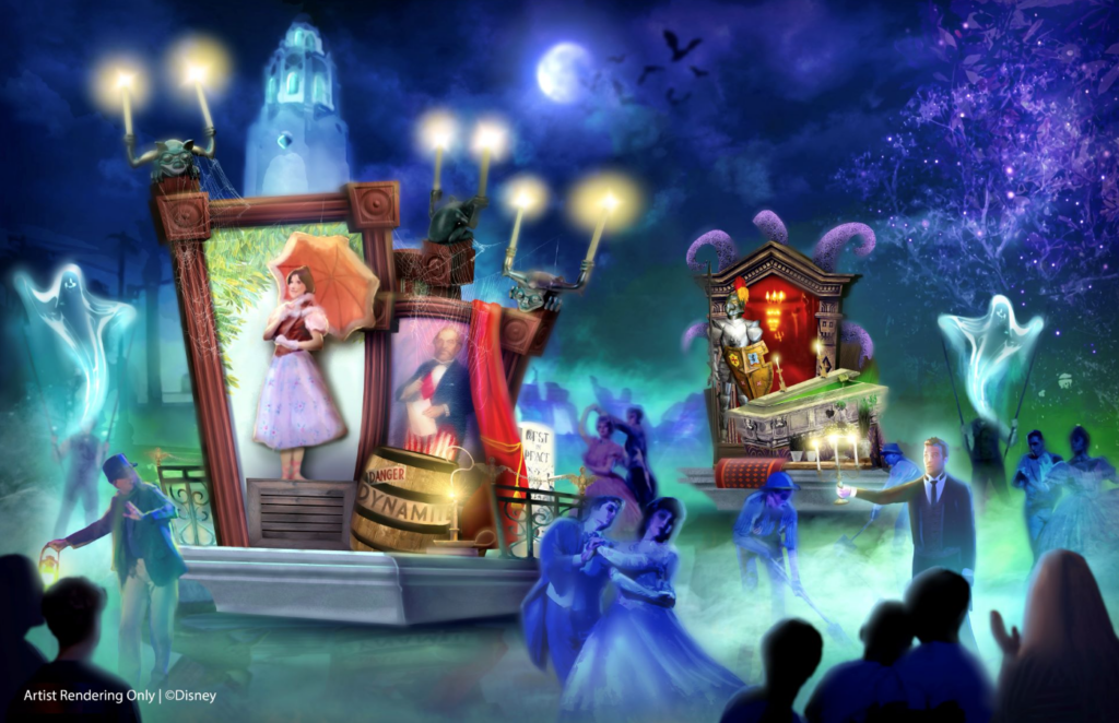 Concept art from Madame Leota’s Swinging Wake – A Haunted Mansion Street Party at Oogie Boogie Bash in Disney California Adventure