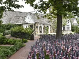 Big Cedar Lodge buildings and lawn of American flags