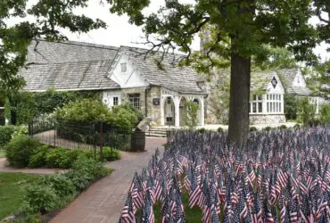Big Cedar Lodge buildings and lawn of American flags
