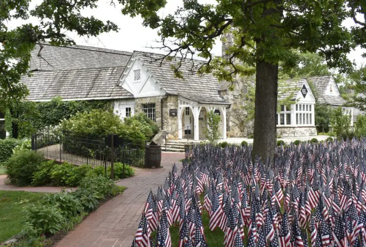 Big Cedar Lodge buildings and lawn of American flags