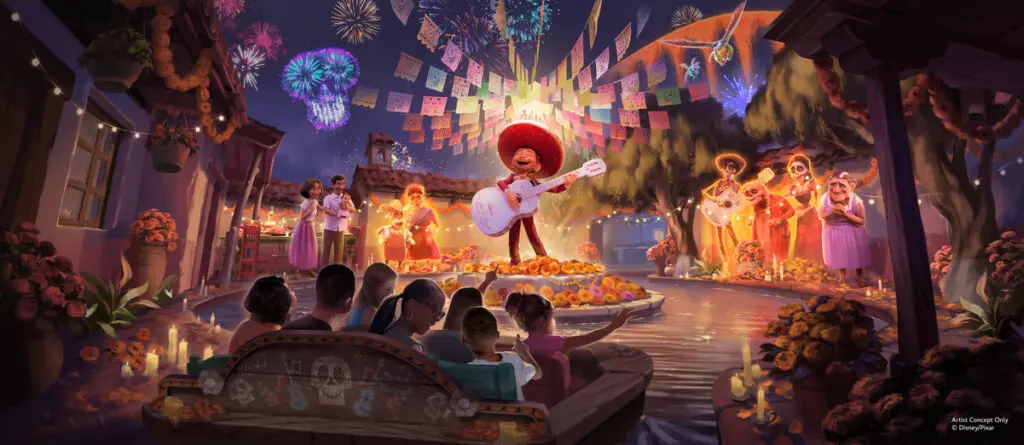 Concept art of the new "Coco" ride coming to Disneyland