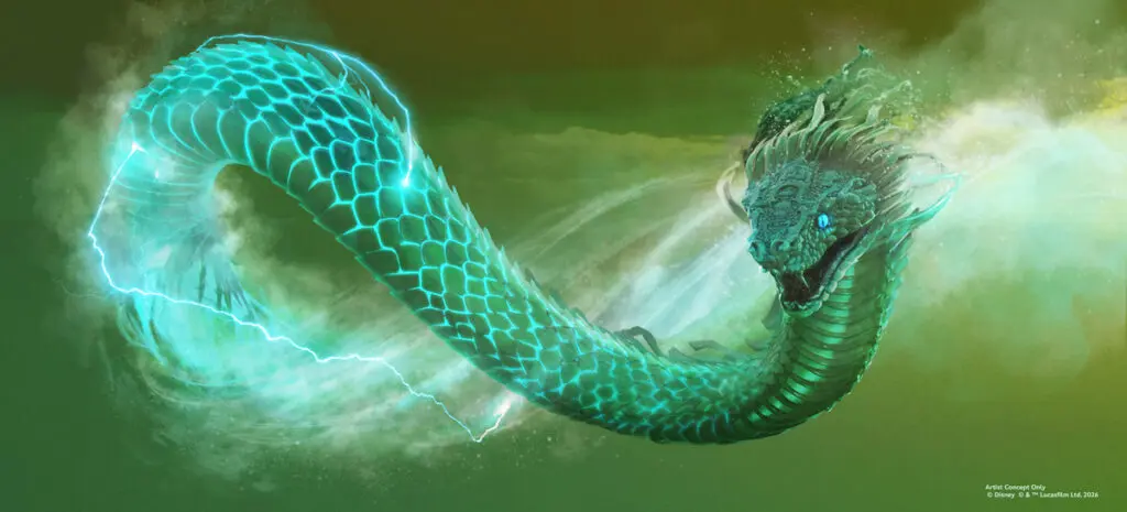 Concept art for the Tsukán, the serpentine guardian found on Indiana Jones and the Myth of the Jade Serpent at Animal Kingdom