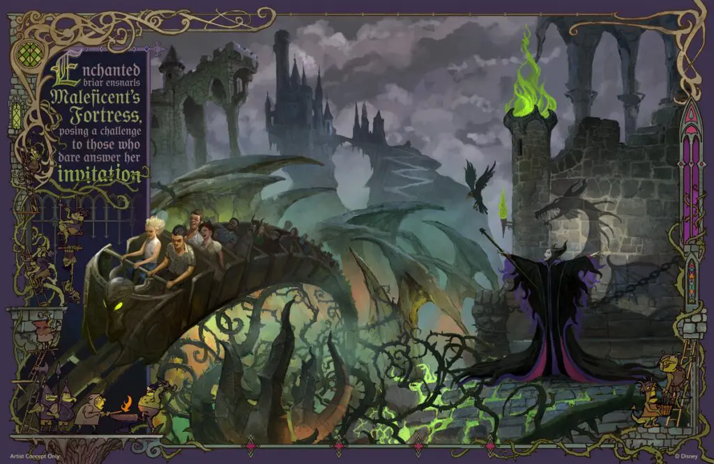 Concept art for Maleficent roller coaster coming to Villains Land in Magic Kingdom