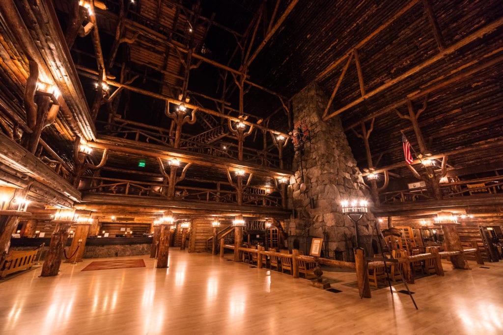 Old Faithful Inn lobby at night