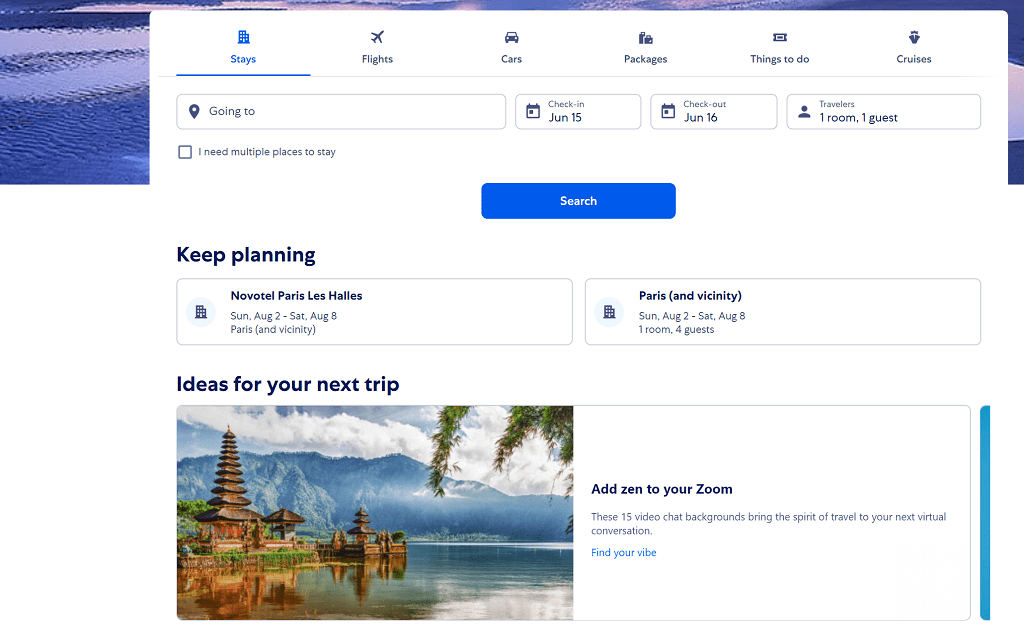 screen shot of Expedia.com homepage