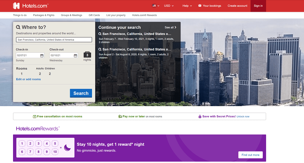 Hotels.com homepage example
