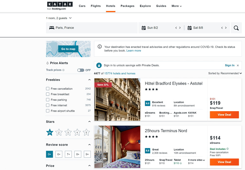 hotel results page on Kayak.com