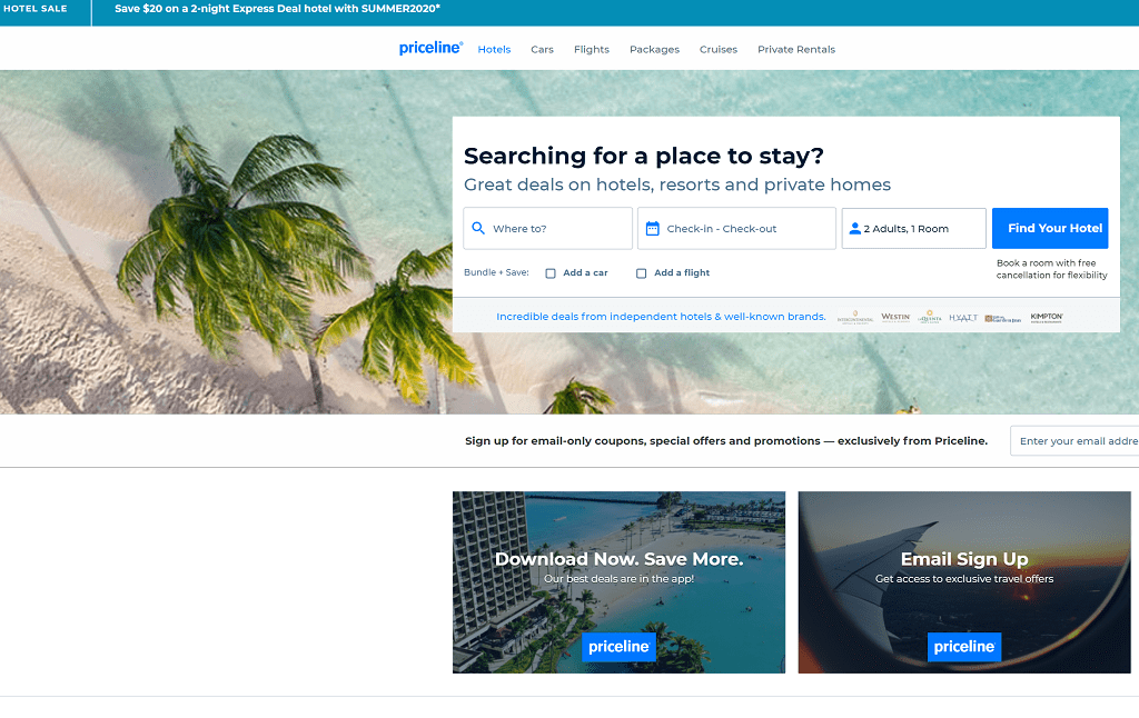 Screenshot of Priceline hotel booking homepage