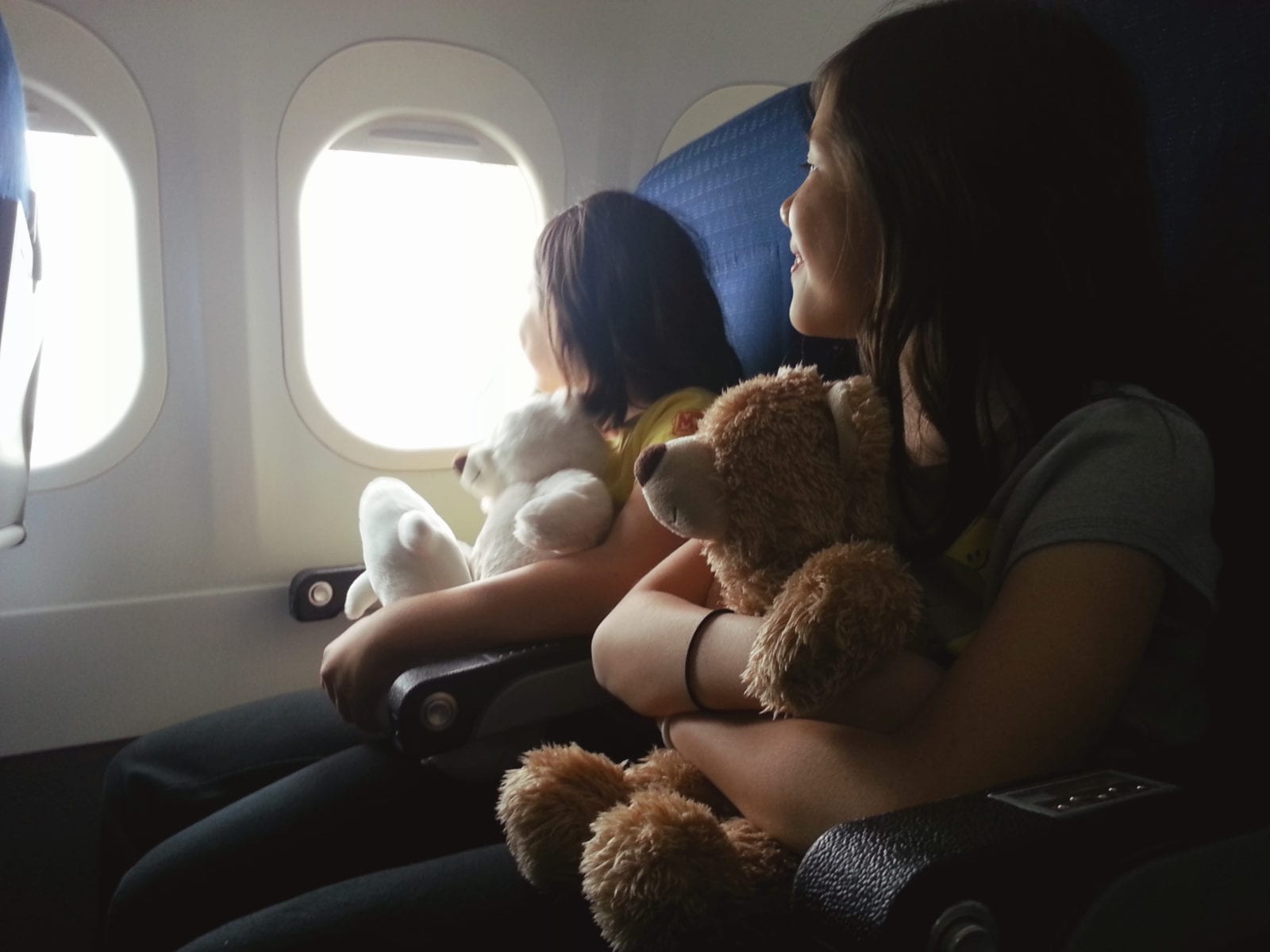 two girls holding stuffed animals sitting on an airplane