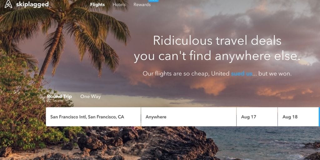 Screenshot of Skiplagged.com flight booking site