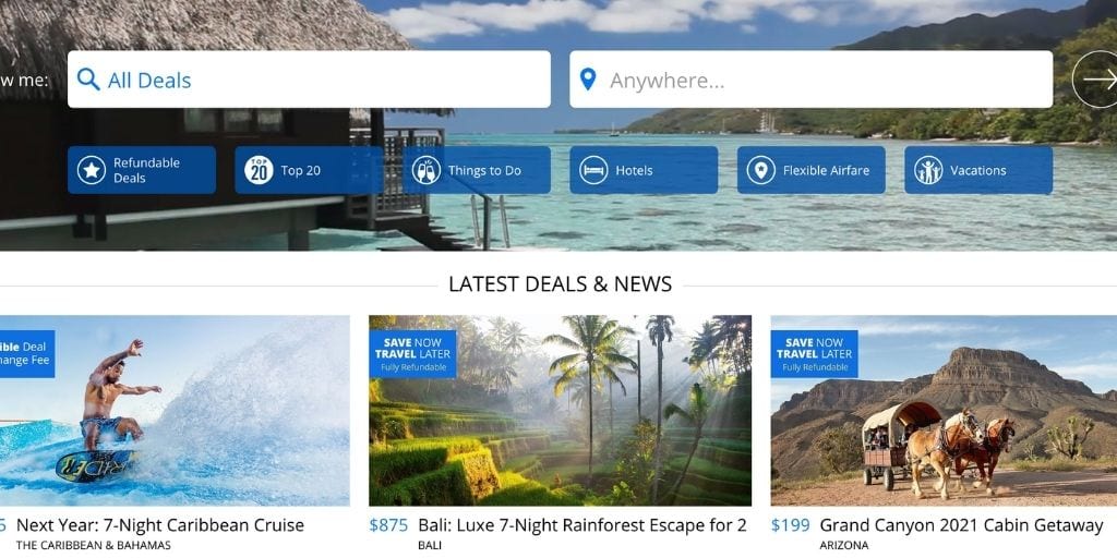 Screenshot of Travelzoo homepage