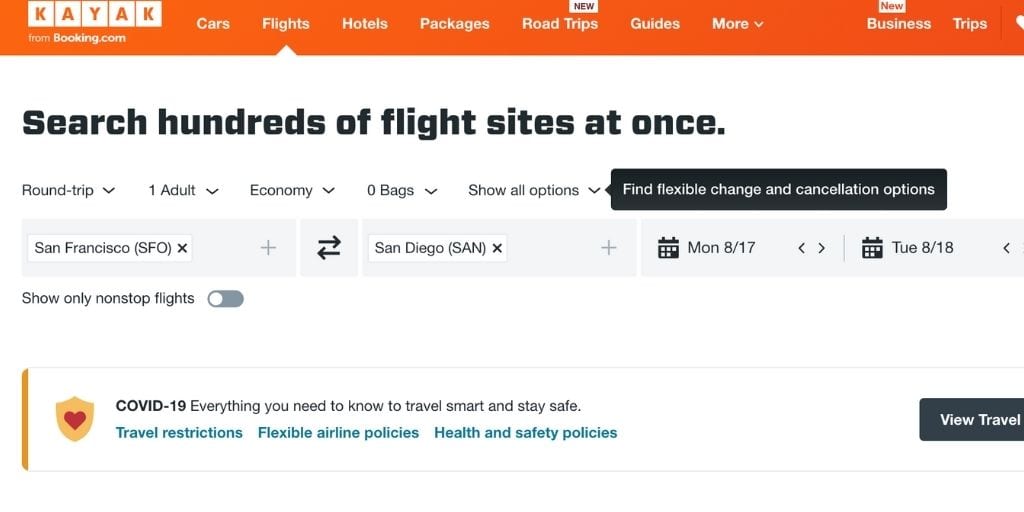 Screenshot of Kayak Flight Search