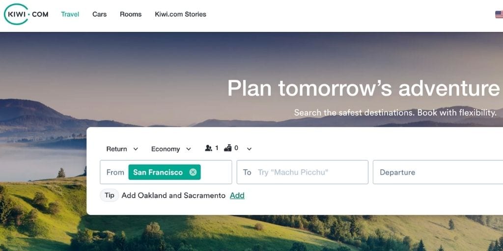 Screenshot of Kiwi.com flight booking site homepage